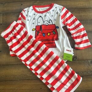 Peanuts Kids Red & White Snoopy Holiday Pajama Set with Striped Sleeves